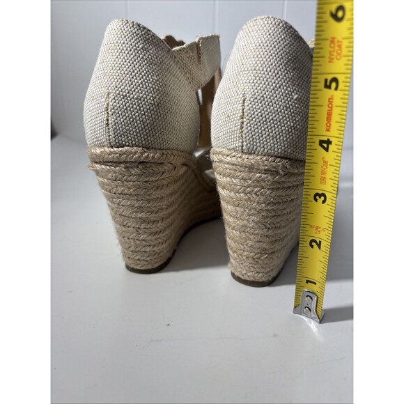 Wedge Platform Sandals Nude Tan Peep Toe Espadrille Dressy Gold Zip Sz 7 NWOT - Picture 11 of 16